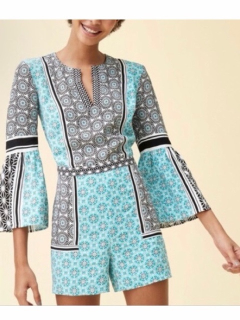 Loft Sand Dollar Bell Sleeve‎ Romper In Radiant Teal